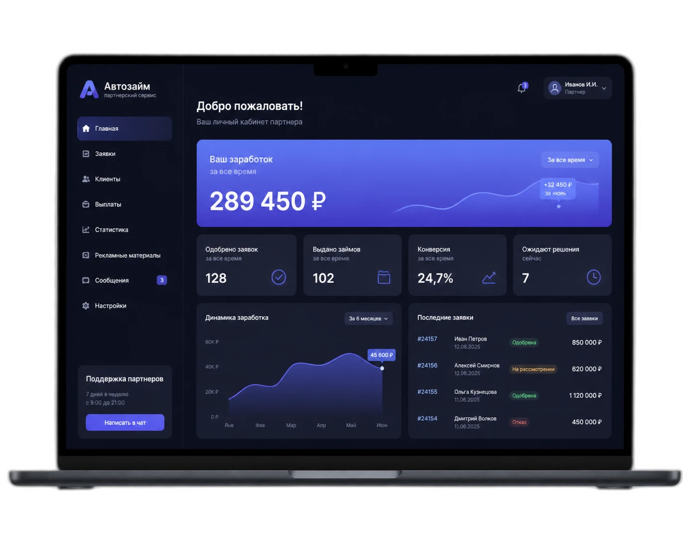Десктопная версия партнёрского кабинета АвтоЗайм
